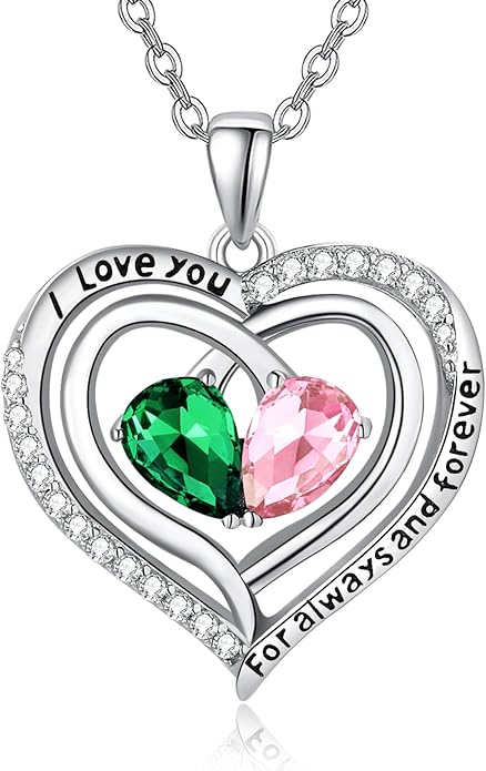 Valentine's Day Gifts for Wife 925 Sterling Silver Double Birthstone Pendant Necklaces I Love You for Always and Forever Necklace Anniversary Birthday Gifts for Wife Girlfriend Mom Her