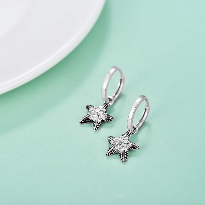 Sterling Silver Beach Ocean Series Hoop Earrings with Crystal, Jewelry Collection for Women Girls