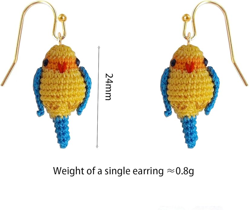 Hand-crocheted yellow and blue parrot earrings, miniature crocheted artistic cute playful parrot gifts accessories