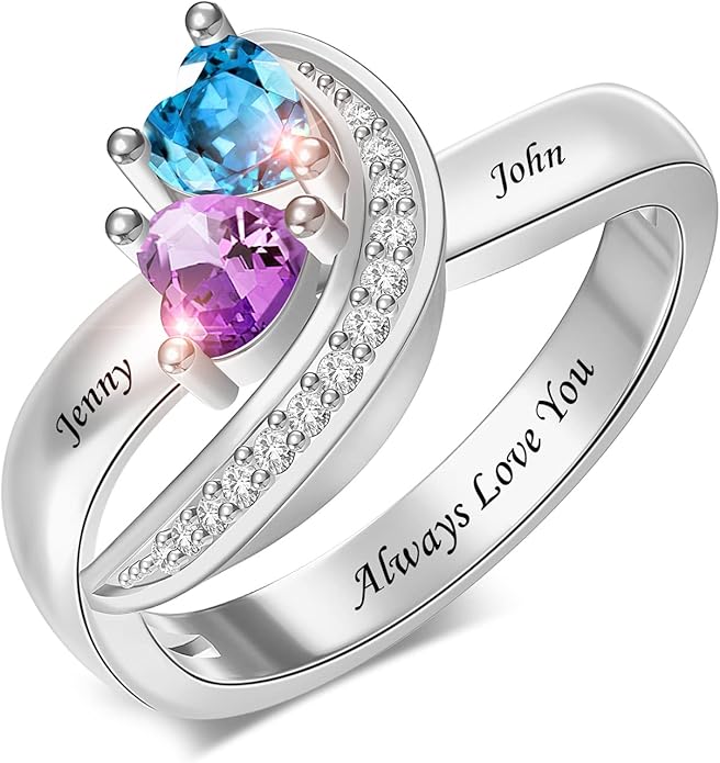 Personalized Heart Birthstone Rings for Women with 2 Birthstones Custom Name Rings for Couple Mother Daughter Jewelry Gift for Mother Her Christmas
