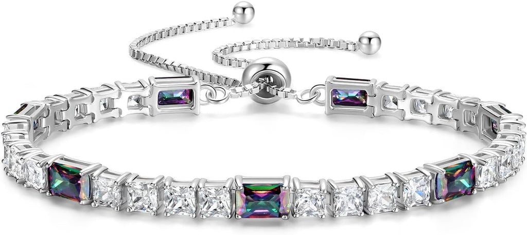 FANCIME Birthstone Bracelet for Women, Sterling Silver 4x6mm Gemstone Tennis Bracelet Bolo Adjustable Chain Fine Jewelry Birthday Gifts for Women Mom Wife Her