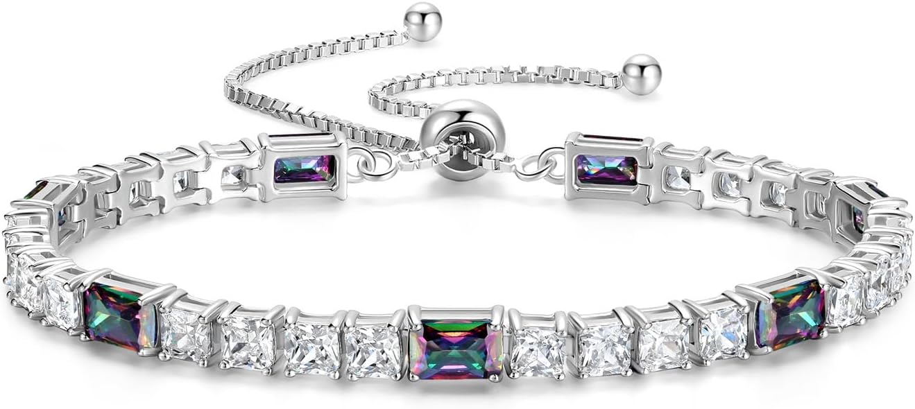 FANCIME Birthstone Bracelet for Women, Sterling Silver 4x6mm Gemstone Tennis Bracelet Bolo Adjustable Chain Fine Jewelry Birthday Gifts for Women Mom Wife Her