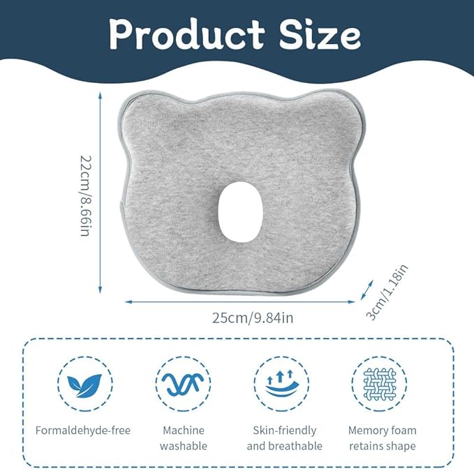 Memory Foam Baby Pillow for Newborn Flat Head Baby Pillow Machine-Washable Neck Support Prevent Flat Head 100% Cotton,Grey