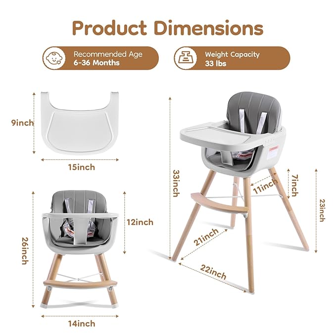 High Chairs for Babies and Toddlers,3 in 1 Convertible Wooden highchair, Baby High Chair with Adjustable Legs,5 Point Harness, Footrest, Dishwasher-Safe Tray & PU Leather Cushion, Gray