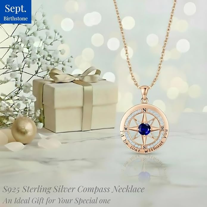 Compass Necklace for Women Wife Girlfriend Mom Daughter Gifts S925 Sterling Silver Jewelry For Anniversary Rose Gold Gifts For Birthday Christmas Mothers Valentines Day 12 Birthstones