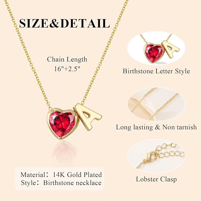 Valentines Day Gifts for Her- Heart Birthstone Initial Necklace for Women Girls,14K Gold Plated Heart Letter A-Z Necklace Birthday Trendy Jewelry Gifts for Women Girls Daughter