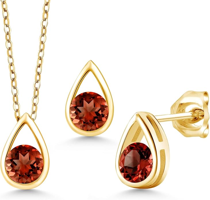 Gem Stone King 18K Yellow Gold Plated Silver 5MM Round Gemstone Birthstone Teardrop Pendant Earrings Set | Jewelry Set for Women | With 18 Inch Chain