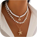Gold Sea Shell Necklace Layered Charm Necklace for Women Boho Summer Seashell Beach Starfish Necklaces 14k Pearl Chain Surfer Jewelry Beach Vacation Essentials