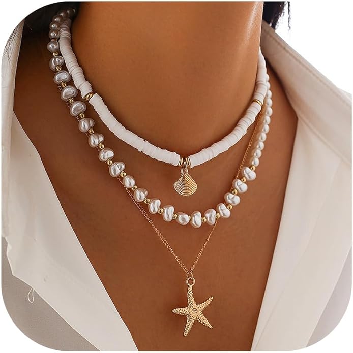 Gold Sea Shell Necklace Layered Charm Necklace for Women Boho Summer Seashell Beach Starfish Necklaces 14k Pearl Chain Surfer Jewelry Beach Vacation Essentials