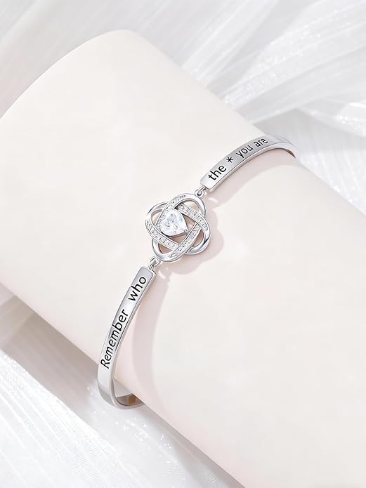Valentines Day Gifts for Her, 18k White Gold Plated Love Knot Bracelets, Engraved Inspirational and Sentiment Bangle, Anniversary Birthday Jewelry Gift for Lover Wife Girlfriend Sister Friends