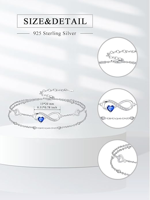 Dorunmo Infinity Heart Anklet Bracelet for Women 925 Sterling Silver Adjustable Infinity Birthstone Bracelet Friendship Jewelry Gifts for Women Birthday Christmas