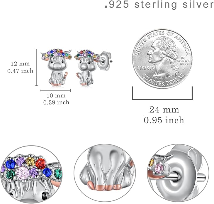Axolotl/Highland Cow/Panda/Giraffe Stud Earrings 925 Sterling Silver Cute Animal Earrings with with Colored Zircon Animal Jewelry Gift for Girls Women