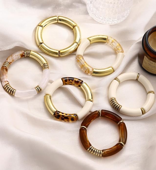 iF YOU 6pcs Chunky Acrylic Bangle Bracelets for Women, Resin Bamboo Brown Stretchy Bracelet Stack, Fashion Jewelry for Women