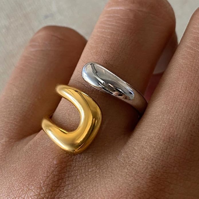 Chunky Rings For Women, Gold Silver Thumb Ring Asymmetrical Wavy Curve Ring Adjustable Non Tarnish Dainty Stainless Steel New Year Anniversary Birthday Jewelry Gift