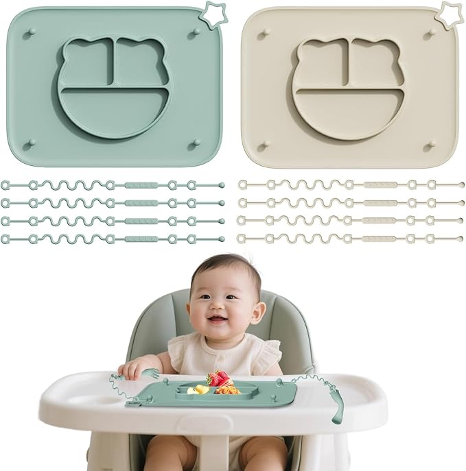 2 Pack Silicone Baby Placemats with Non-Slip Strong Suction Base and Anti-Drop 8 Stretchable Straps, BPA Free Food Grade Silicone Table Mats for Babies Toddlers, High Chair, Dining Tables, Begie+Green