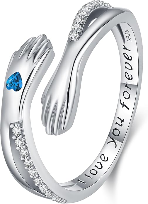 Hug Rings for Women Birthstone Hug Rings 925 Sterling Silver Adjustable Hand Ring Open Jewelry Daughter Gifts From Mom Mother Teens Mother's Day Amavive
