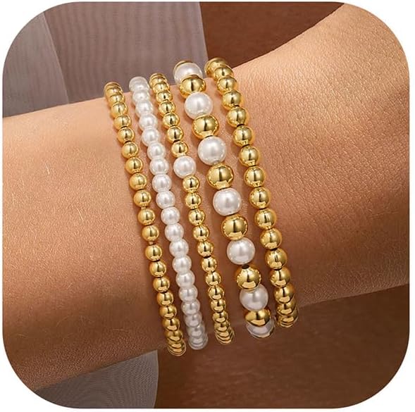 Yoosteel Valentines Day Gifts for Her Kids Teen Girl - 14K Gold Plated Dainty Round Beaded Ball Pearl Cross Bracelet Stack Set for Women Trendy Non Tarnish Teenage Girls Stackable Jewelry Gift