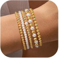 Yoosteel Valentines Day Gifts for Her Kids Teen Girl - 14K Gold Plated Dainty Round Beaded Ball Pearl Cross Bracelet Stack Set for Women Trendy Non Tarnish Teenage Girls Stackable Jewelry Gift