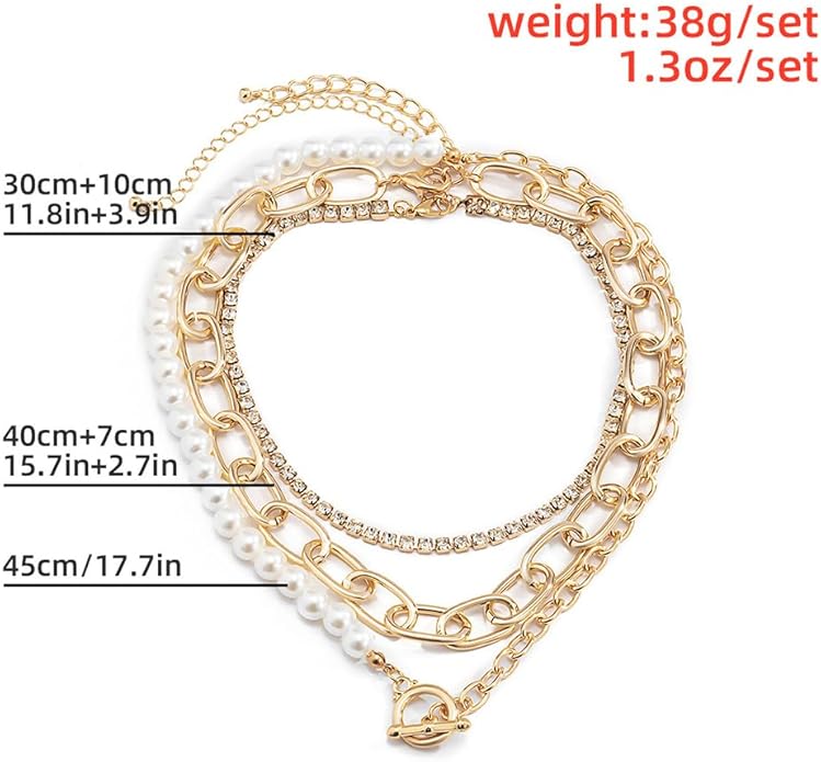 Women Multilayer Silver Gold Dainty Pearls Layered Choker Necklaces Handmade Beads Fashion Chunky Pendant Multilayer Adjustable Layering Chain Gold Plated Necklaces Set for Women