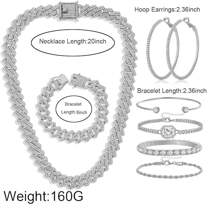 Hip Hop Cuban chain full Diamond necklace Rhinestone bracelet bracelet Gold and Silver women's Jewelry Women's earrings bracelet sets