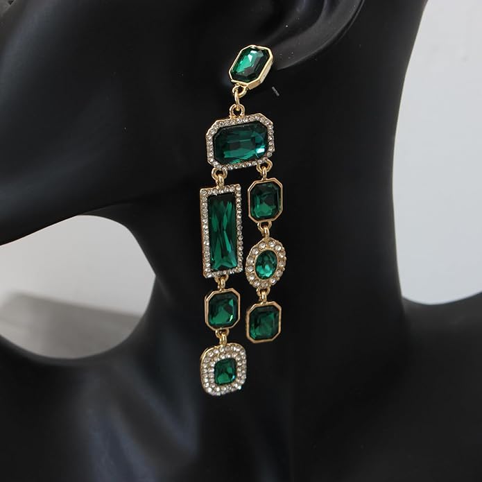 Vintage Rectangle Teardrop Chandelier Earrings, Art Deco Wedding Austrian Crystal Drop Dangle Earrings for Women Party Prom