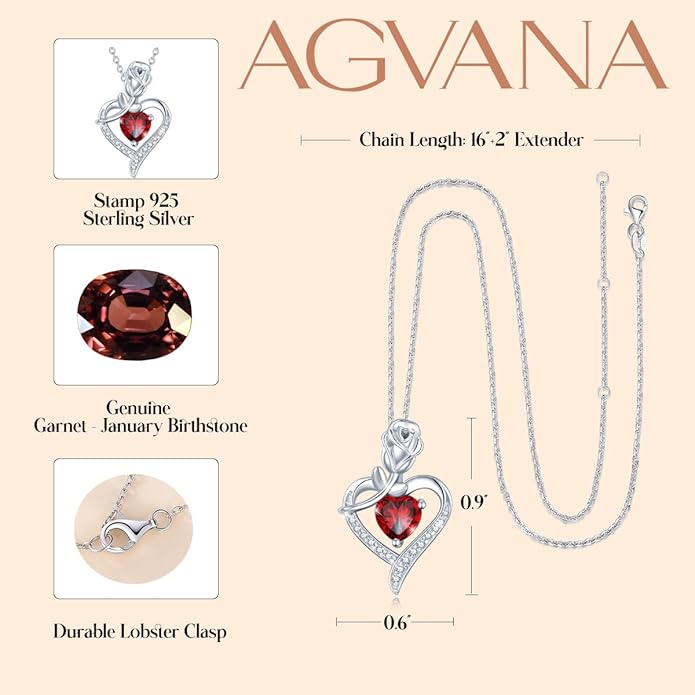 AGVANA Valentines Day Gifts Rosy Reverie Birthstone Necklace for Women Sterling Silver Genuine or Created Gemstone Rose Flower Heart Pendant Necklace Anniversary Birthday Gifts for Women Mom Wife Her