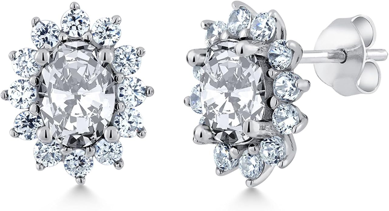 Gem Stone King 7X5MM Oval Gemstone Birthstone Stud Earrings For Women | Princess Diana Royal Halo Style | 925 Sterling Silver | Fine Jewelry Gifts for Anniversary Wedding Her Mom Women Wife