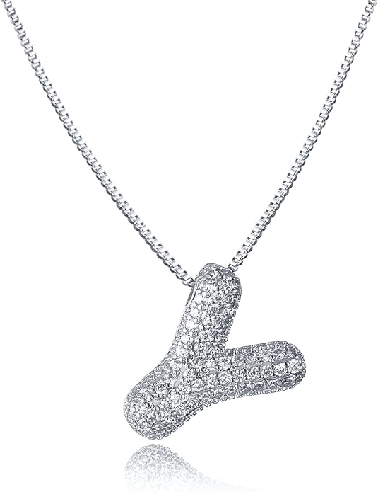 SKQIR Diamond Initial Letter Necklace for Women Bubble Gold Plated Puffy Balloon Alphabet Crystal Zircon Pendant Name Necklace Dainty Charms Trendy Jewelry Gift for Women
