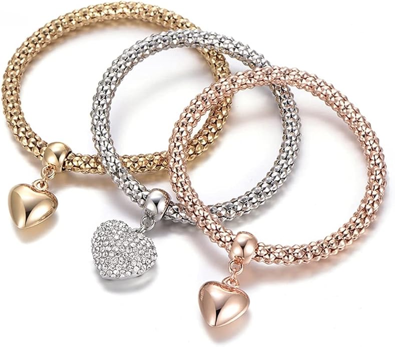 Crystal Charms Multilayer Bracelets - 3PCS Gold/Silver/Rose Gold Corn Chain Bracelet for Women, Tree of Life Heart Shaped Stretch Bracelet