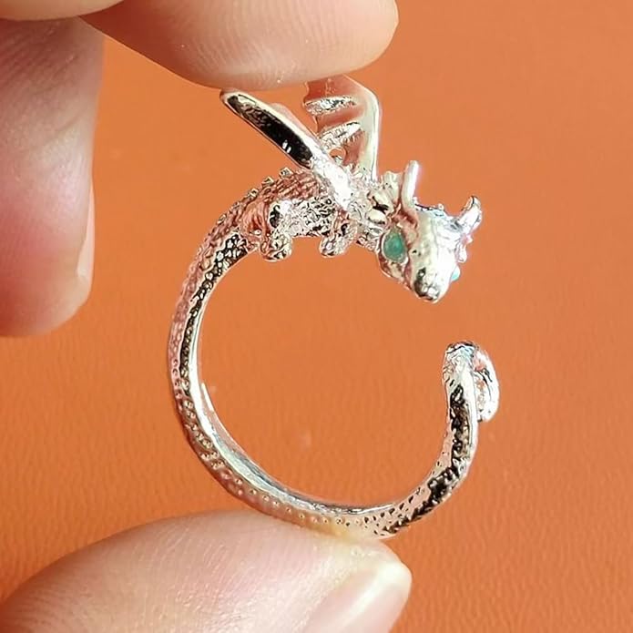 PINK TOWN Dragon Ring for Women - Cute Kawaii Gold and Silver Adjustable Dinosaur Ring - Flying Dragon Animal Shape - Friendship Birthday Party Christmas and Other Jewelry