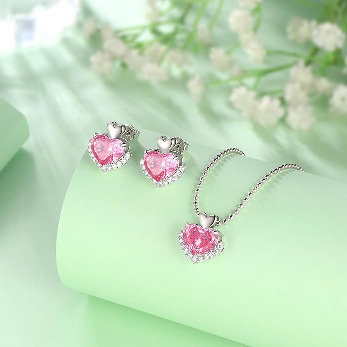 Love Heart Necklaces and Earrings with Rose Cut Birthstone Silver Plated Elegant Jewelry Set for Women CS0002
