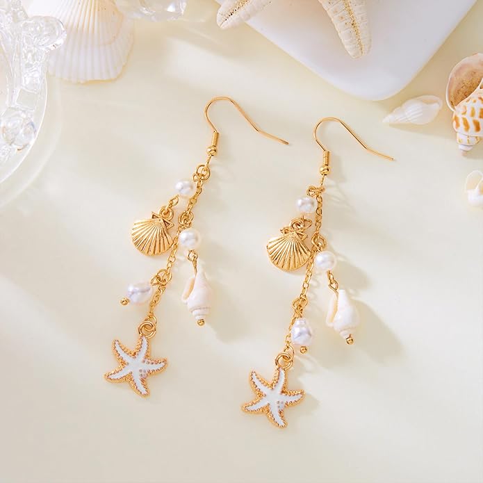 Gold Starfish Shell Earrings for Women with Pearl Beach Seashell Earrings Dangle Summer Vacation Earring for Women Beach Jewelry