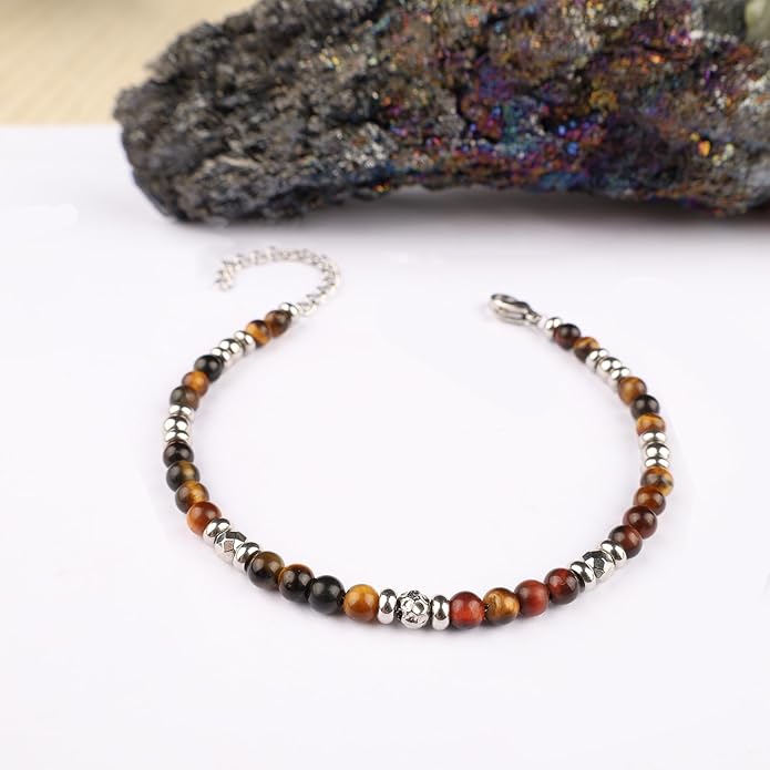 Natural Gem Stone Beaded Bracelets for Women Adjustable Stainless Steel Agate Lapis Tiger Eye Aventurine Rose Quartz
