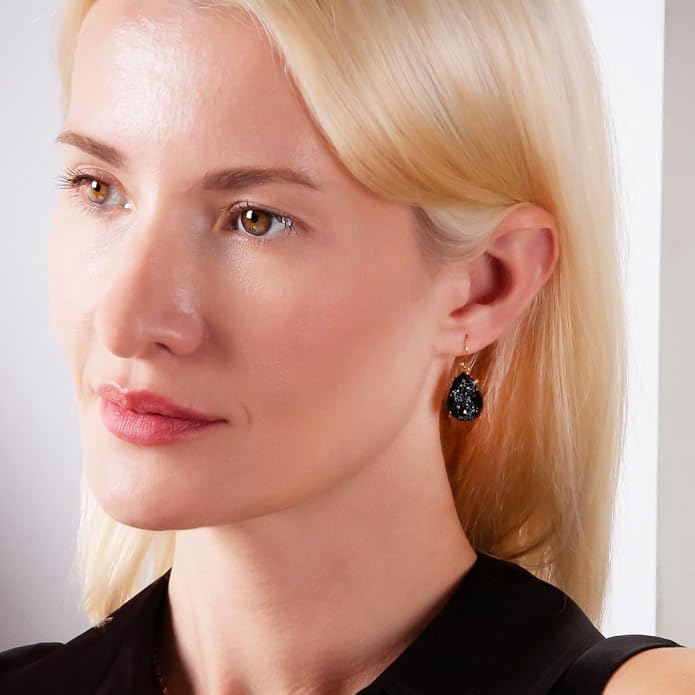Teardrop Dangle Earrings for Women with Simulated Druzy Stones in Gold or Silver Tone
