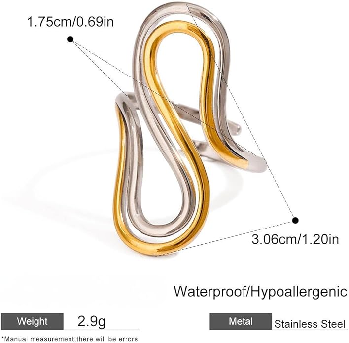 Chunky Rings For Women, Gold Silver Thumb Ring Asymmetrical Wavy Curve Ring Adjustable Non Tarnish Dainty Stainless Steel New Year Anniversary Birthday Jewelry Gift