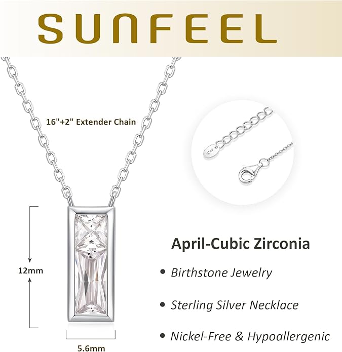SUNFEEL Birthstone Necklace for Women, S925 Sterling Silver Necklaces with Square Cubic Zirconia Gemstone Necklace Women's Jewelry Anniversary Birthday Gifts for Women Mom Wife Her