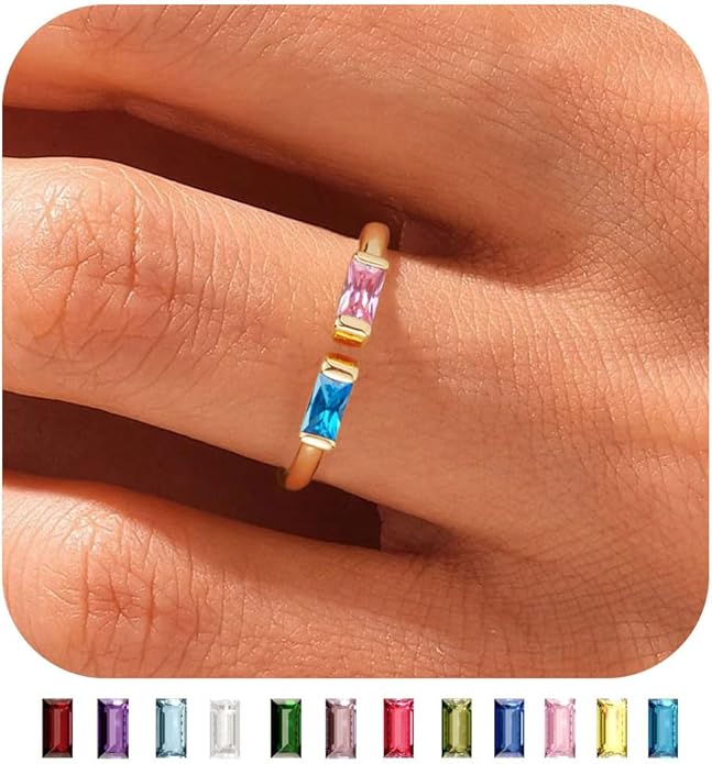 WFYOU Gold Birthstone Rings for Women - Non Tarnish Dainty 14K Gold Plated Stackable CZ Rings for Her & Couples - Personalized Jewelry Gift for Birthday