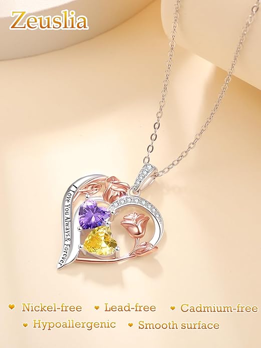 Valentine's Day Gifts for Wife 925 Sterling Silver Double Birthstone Pendant Necklaces I Love You for Always and Forever Necklace Anniversary Birthday Gifts for Wife Girlfriend Mom Her