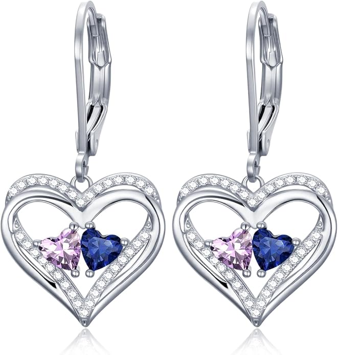 Valentines Day Gifts for Women, Heart Leverback Earrings Double Birthstone Dangle Earrings for Women, Love Jewelry for Her, Anniversary Birthday Gift for Mom Wife Girlfriend