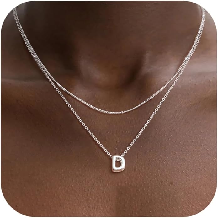 Valentines Day Gifts for Her - Bubble Letter Necklace Layered 14K Gold Plated Initial Necklaces for Women Dainty Cute Choker Pendant Stack Jewelry Fashion Accessories Teen Gift Trendy Stuff
