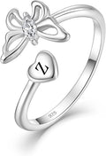 STARCHENIE Butterfly Initial Ring for Women 925 Sterling Silver Letters A-Z 26 Alphabet Adjustable Ring Size 7