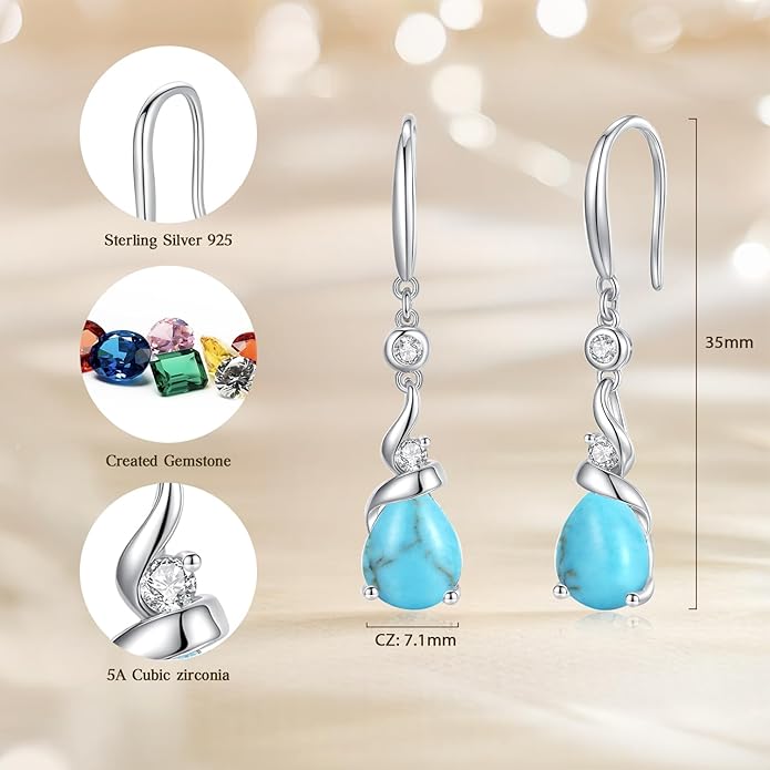 FANCIME Women Drop Earrings 925 Sterling Silver with Pear Gemstone Dangle Birthstone Earring Fine Jewelry Birthday Gifts for Women