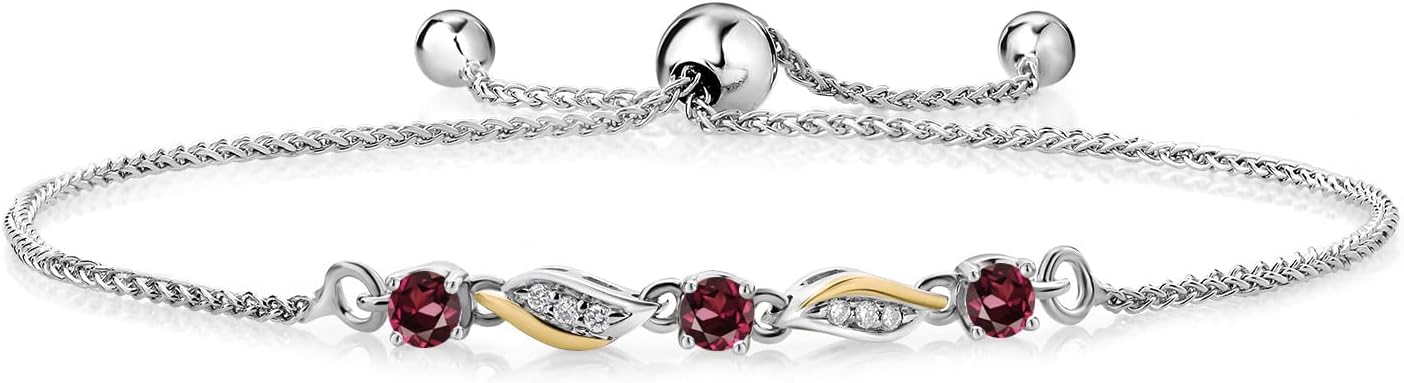 Gem Stone King 3-Stone Adjustable Bracelet for Women | 925 Silver and 10K Yellow Gold | Gemstone Birthstone and Lab Grown Diamond | Round 3MM | Two-Tone Adjustable Tennis Bracelet Up to 9 Inch
