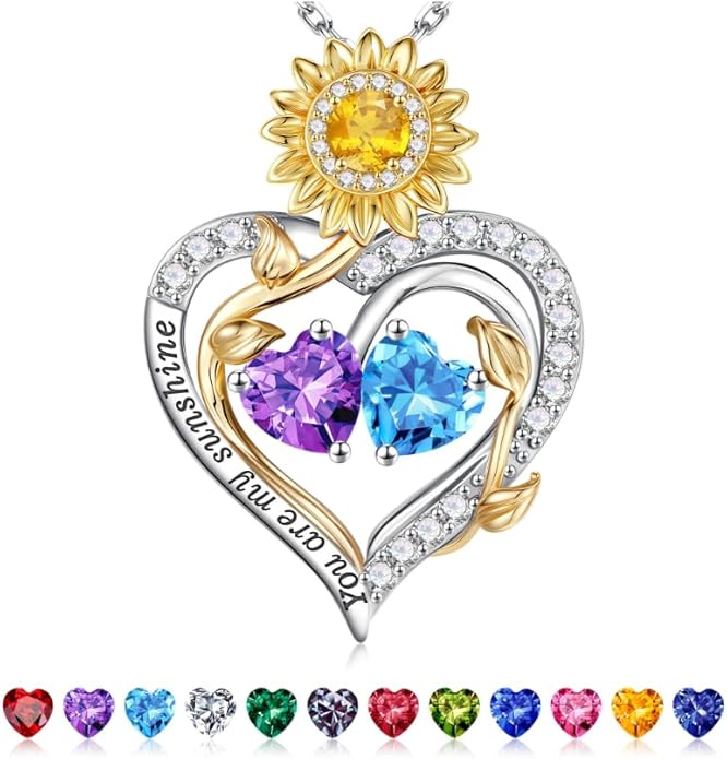 Iefil Valentines Day Gifts for Her - 925 Sterling Silver Sunflower Double Birthstone Necklace for Women, Anniversary Birthday Gifts for Wife, You Are My Sunshine Necklaces, Jewelry for Wife Mom