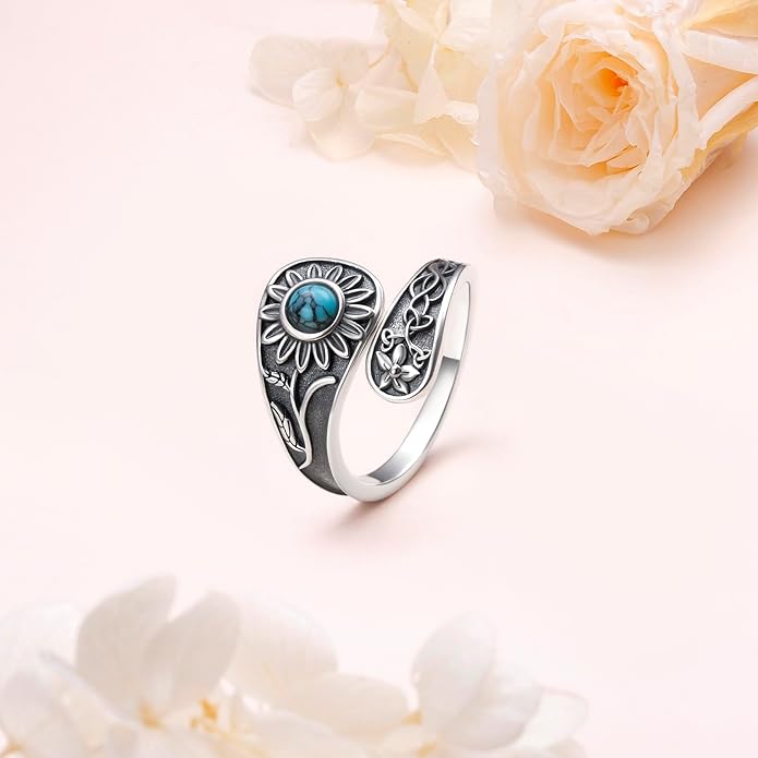 925 Sterling Silver Hummingbird/Sunflower Turquoise/Moonstone/Lily of the Valley Flower Spoon Ring Adjustable Open Ring Statement Thumb Ring Jewelry for Women