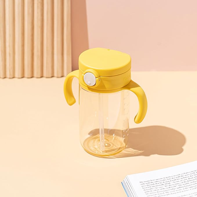 Richell On-the-Go Sippy Cup with Silicone Straw and Removable Handles, 10 oz, Easy Grip for Infant-Toddlers Lemon