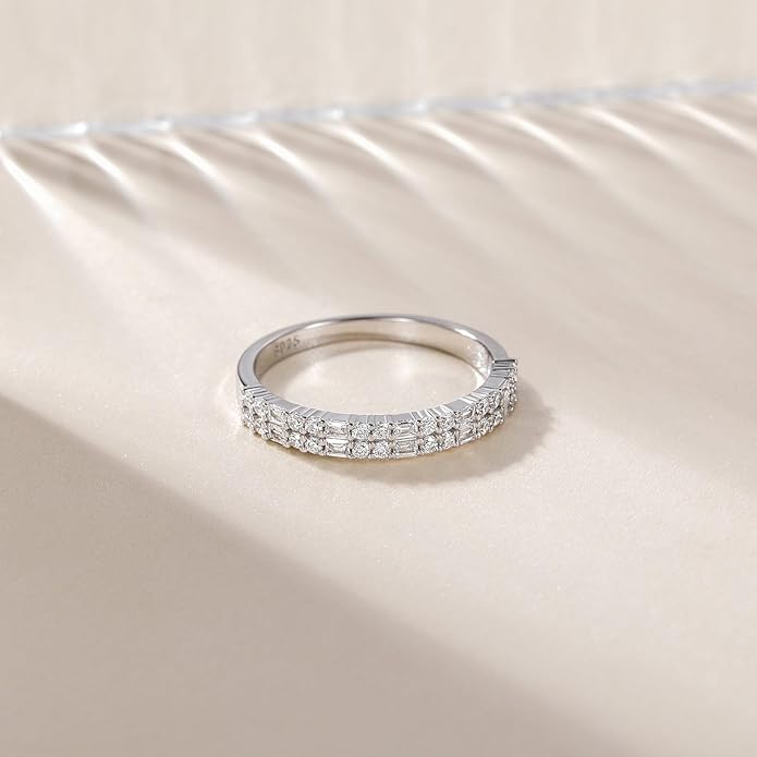 EAMTI 925 Sterling Silver Wedding Bands for Women Baguette Round Cubic Zirconia Stackable Promise Rings for Her Size 4-10