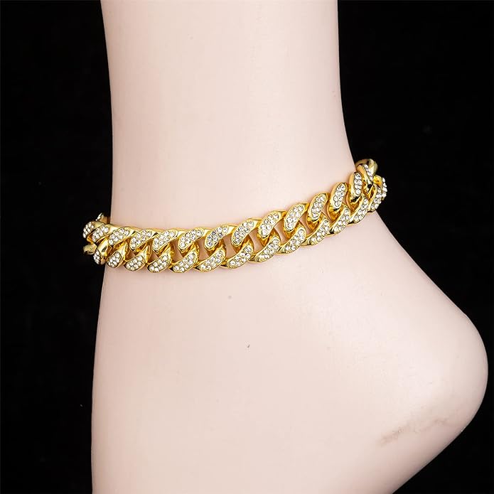 kelistom Cuban Link Rhinestone Filled Gold Box Chain Anklet for Women, Punk Hip-hop Ankle Bracelets, Length Adjustable