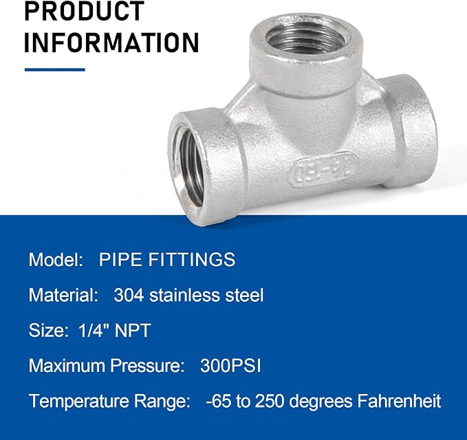 Pipe Fittings 304 Stainless Steel Tee Pipe Fittings 1/4" x 1/4" x 1/4" NPT - Image 3