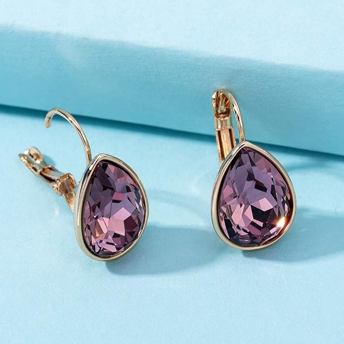 Teardrop Austrian Crystal Leverback Drop Earrings for Women 14K Rose Gold Plated Hypoallergenic Jewelry